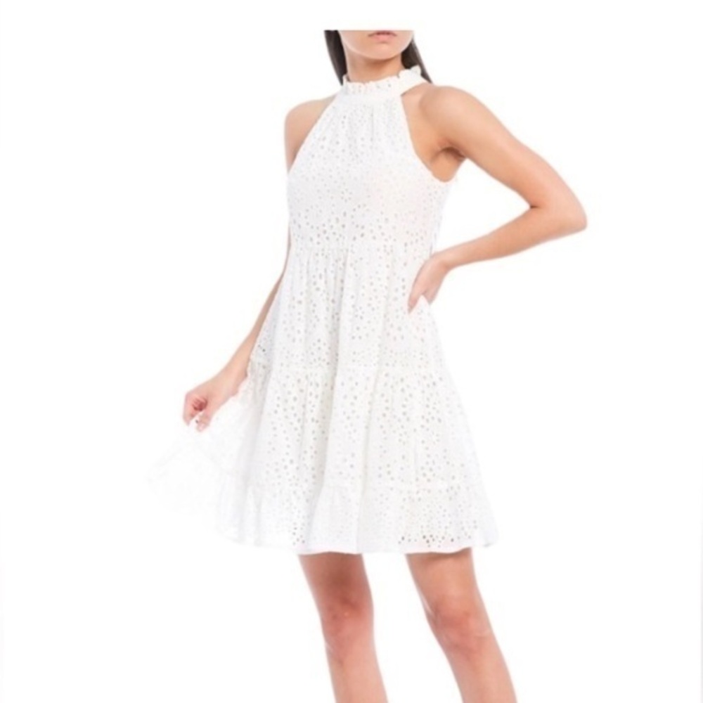 Eliza J White Eyelet Tiered Cottagecore Halter Mini Dress Sz 18